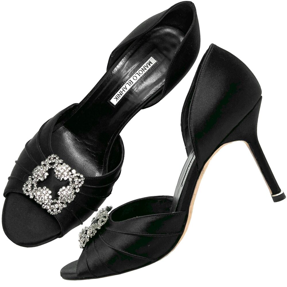 Manolo Blahnik Cassiado Satin Peep Toe Pumps - Size 38.5